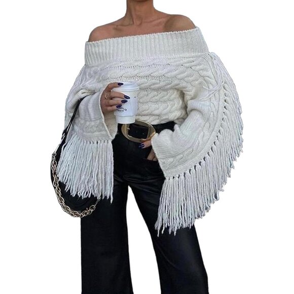 Women’s White Unybwonn Off Shoulder Tassel Knit Cropped Y2K Sweater - Picture 1 of 6